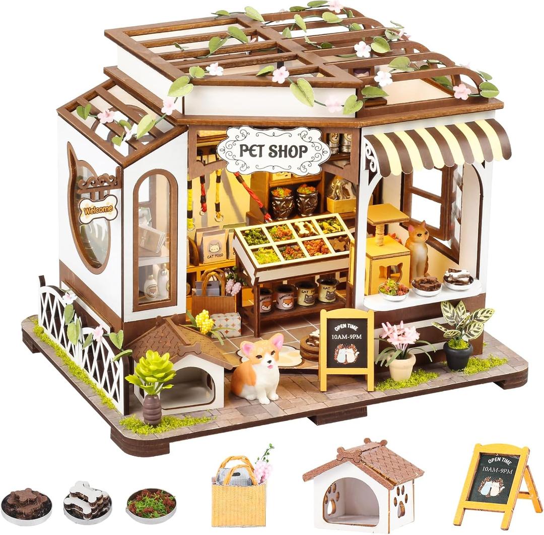 DIY Book Nook Kit - Bookend Diorama with LED - 3D Wooden Puzzle DIY Miniature House Kits - Bookshelf Insert Decor - Booknook Dollhouse Crafts Hobbies Gifts for Adults (Pet Shop)