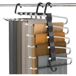 Pants Hangers Space Saving,Closet Hangers 5 Layers 2 Uses Multi Functional Pants Rack,Metal Heavy Duty Wardrobe Organizer Racks for Clothes Trousers Scarves Ties (2Pack Silver)