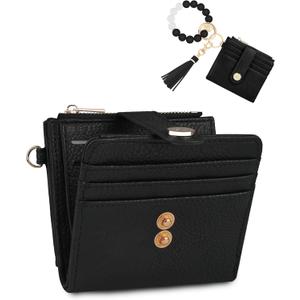 Small Wristlet Wallets for Women Keychain Wristlet Wallet RFID Blocking Key Chain Wallet With Zipper Coin Pocket,2 Id Window (Black)