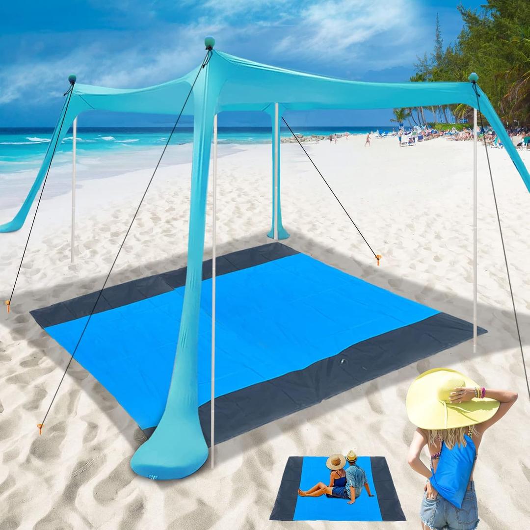 Beach Canopy Beach Tent 11X11 FT Include Blanket Beach Shade Canopy UPF50+ Sun Protection Windproof Ropes 4 Poles Carry Bag Easy to Set Up for Outdoor Camping