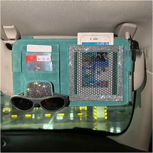 BESULEN Bling Car Sun Visor Organizer, Multi-Pocket Crystal Rhinestone Leather Vehicle Sunvisor Storage Pouch, Sparkling Diamond Auto Sunshade Eyeglasses Card Pen Holder, Universal Fit (Blue)