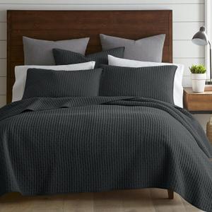 Levtex Home - Cross Stitch Charcoal Quilt Set - King/Cal King Quilt (106x92in.) + 2 King Shams (36x20in.) - Reversible - Cotton Fabric