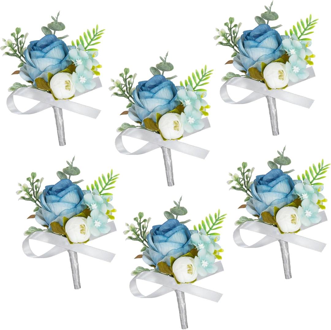 AuroraAria Dusty Blue Boutonniere for Men,Set of 6,Groom Boutonniere for Wedding,Anniversary,Homecoming,Formal Dinner Party,Wedding Decor,Artificial Dusty Blue Rose
