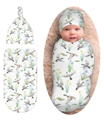 Sozzjile Mallard Duck Baby Stuff Swaddle Blanket with Beanie Set, Wild Ducks Newborn Blanket Swaddle Sack for Girls Boys