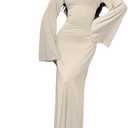 Women Flare Sleeve Maxi Dress Sexy Square Neck Long Sleeve Knit Ribbed Bodycon Dresses Casual Lace Up Back Dress (Large, Apricot)