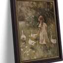 Framed Girl Duck Canvas Wall Art Rural Countryside White Goose Painting Picture wall decor Retro farmhouse Duckling Wildflower Poster Print for Living Room Bathroom Bedroom Nursery Home Decoration