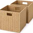 13x13x13 Inch Wicker Storage Basket Set of 2, FAAYUCK Handwoven Storage Cube Bins with Handle for Shelves, Foldable Wicker Organizer Basket for Bedroom, Laundry, Livingroom