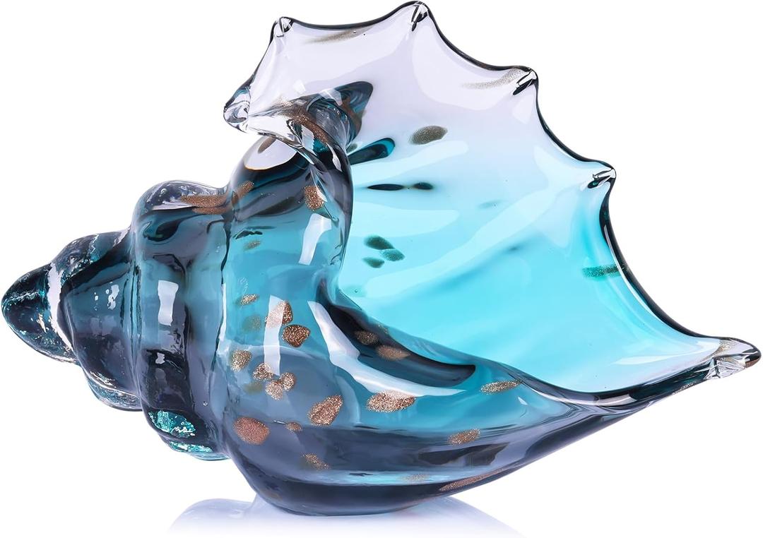 Sea Glass Art Figurines Hand Blown Conch Shell Sculpture, Green Glass Decor Creative Seashell Statue - for Coastal Room Knick Knacks, Home Kitchen Decorations Above Cabinets (Teal)