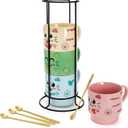 Cedilis Set of 4 Stackable Cat Mug with Stand and Spoon, 15 oz Cute Ceramic Coffee Mug for Cat Lover, Cappuccino, Tea, Hot Cocoa, Latte, Drinks, Green, Blue, Pink, Yellow