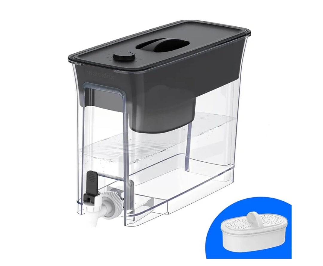 Waterdrop 35-Cup Slim Water Filter Dispenser, Large Capacity, 200-Gallon Long-Life, Faster Filtration, Reduces Chlorine, PFOA/PFOS and More, BPA Free, Black (with 1 Filter)