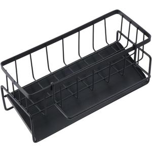 Kitchen Sink Rack, Metal Sponge Holder with Water Drip Tray, Cleaning Brushes Organizer Dish Holder Behind Faucet, Kitchen Supplies(Black/Gray)(Black)
