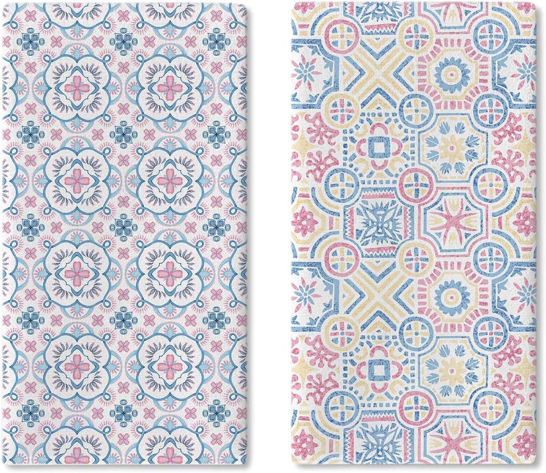 Pink Blue Vintage Abstract Flower Tile Kitchen Dish Towels Set of 2, Colorful Floral Geometric Modern Drying Hand Towel Baking Cooking Cloth, Aesthetic Bathroom Home Decoration 18'' x 26''