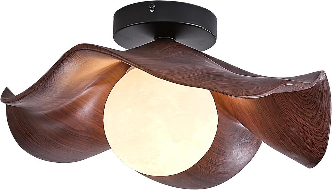 Modern Semi Flush Mount Ceiling Lights FixturesFarmhouse Woodgrain Lotus Leaf Moon Lampshade Flower Rustic Cottage Ceiling Light Close to Ceiling Lights for Kitchen Island, Balcony, Living Room