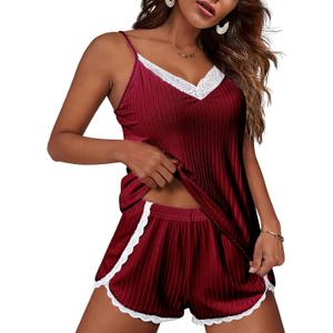 Ekouaer Womens Pajama Sets Soft Lingerie Sleepwear 2 Piece Cami Shorts Set V Neck Pj Lace Nightwear (S)