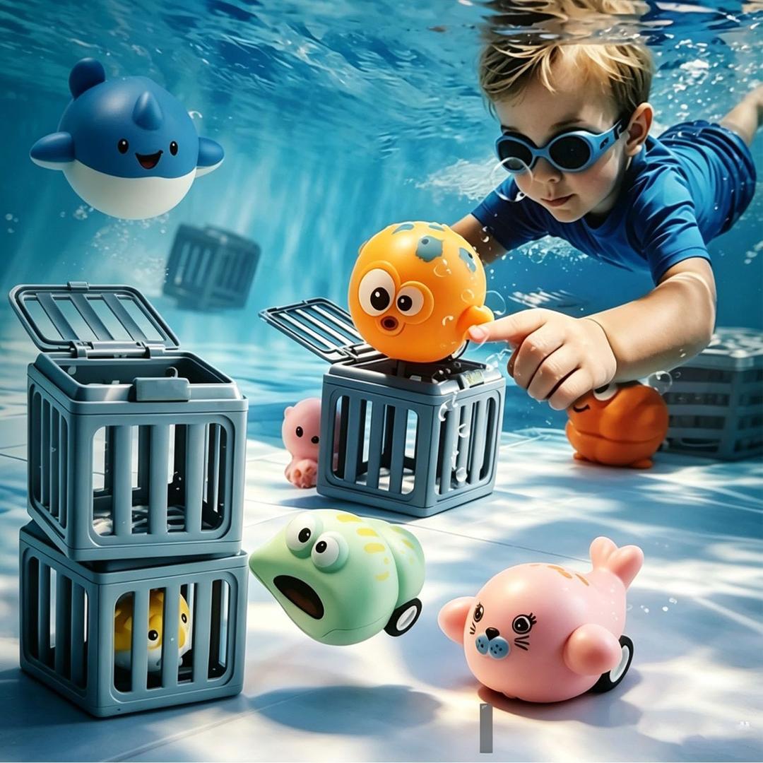 Underwater Dive Rescue Toys, 4PCS Pool Diving Toys with Storage Fish Box & Colorful Animal Sinkies, Fun Underwater Search Game for Swimming Training, Summer Pool Outdoor Beach Party