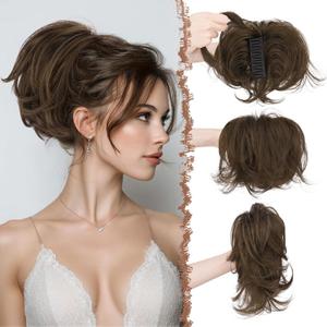 FESHFEN Claw Clip Short Ponytail Extensions - DIY Bendable Metals Fluffy Messy Bun Hair Piece Straight Synthetic Hairpieces Ponytail Extension for Women, Chestnut Brown