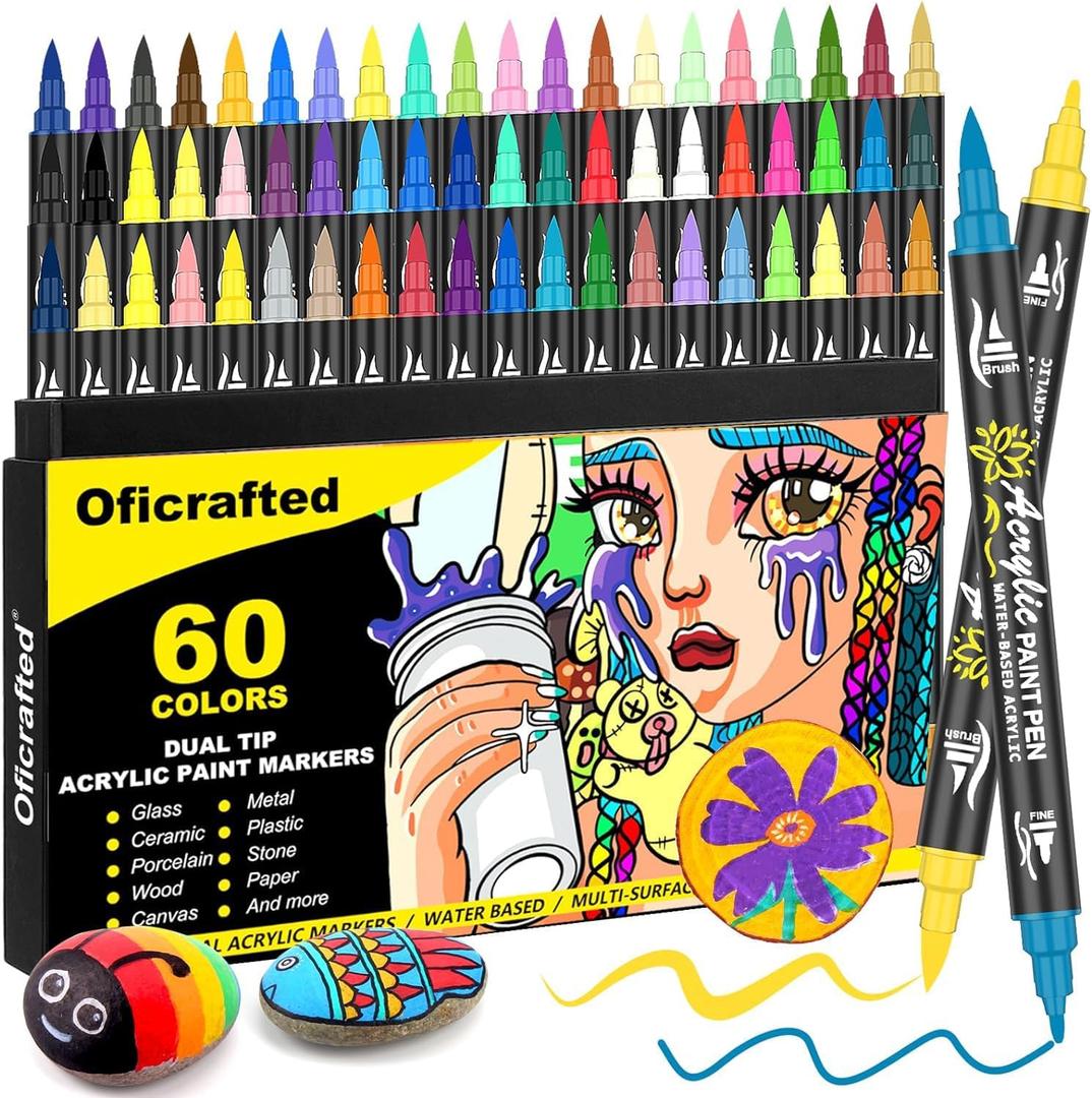 60 Colors Dual Tip Acrylic Paint Pens, Premium Acrylic Paint Markers with Brush and Fine Tip, Pens and Markers for Rock Painting, Wood, Canvas, Glass & Ceramic Surfaces