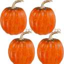 Winlyn 4 Pcs Rustic Elegant Harvest Orange Artificial Pumpkins, 5" Round, Realistic Foam Pumpkins for Fall Autumn Decor, Office Home Office, Halloween Thanksgiving Table Centerpiece (Orange and Black)