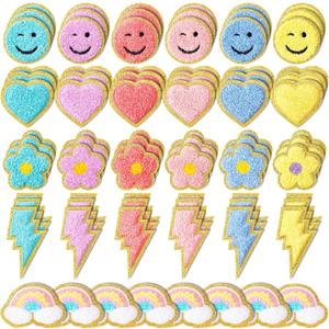 Hanaive 80 Pcs Chenille Letter Patches Self Adhesive Iron on Patch 3D Cute Embroidered Rainbow Smile Face Heart Applique Sewing Badges Patch for Fabric Clothing Jacket DIY(Pastel,Cute)