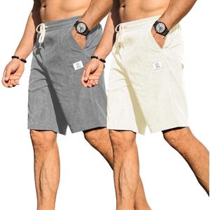 Men's Corduroy-Style Shorts Elastic Waist Drawstring 7 Inch Inseam Polyester Casual Shorts with Pockets (XL)