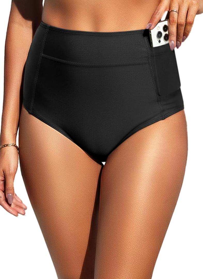 Tempt Me Women High Waisted Swimsuit Bikini Bottoms - Tummy Control Swim Bottom Full Coverage Bathing Suit with Pockets 2025 (Large, Black)