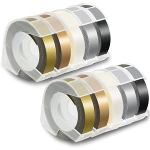 Pristar 3D Embossing Tape 9mm Self-Adhesive Compatible for Dymo Embossing Label Maker Omega DYM12966 Organizer Xpress Pro, White on Black/Silver/Clear/Gold/Champagne Gold, 3/8 in x 9.8 ft, 10-Pack
