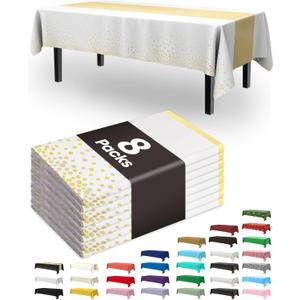 Pureegg Plastic Table Cloth Disposable 8 Pack, 54 x 108 Inch, Table Runner Style, Graduation Decorations 2026, Party Tablecloths, Rectangle, Plastic Cover, Leakproof & Sturdy, White Gold