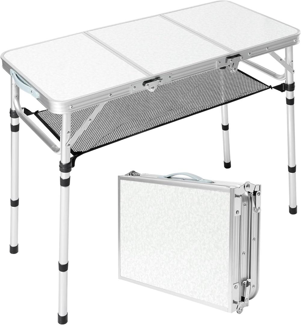 Folding Camping Table with Storage Net,3ft Portable Aluminum Folding Table with 3 Adjustable Height Max 27.3 Inch for Outdoor Backyard BBQ Picnic Cooking Tents Beach Indoor BedroomSilver