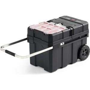 Keter Masterloader Resin Rolling Tool Box with Locking System and Removable Bins  Perfect Organization and Storage Chest for Power Drill, Tape Measure, and Screwdriver Set, Black