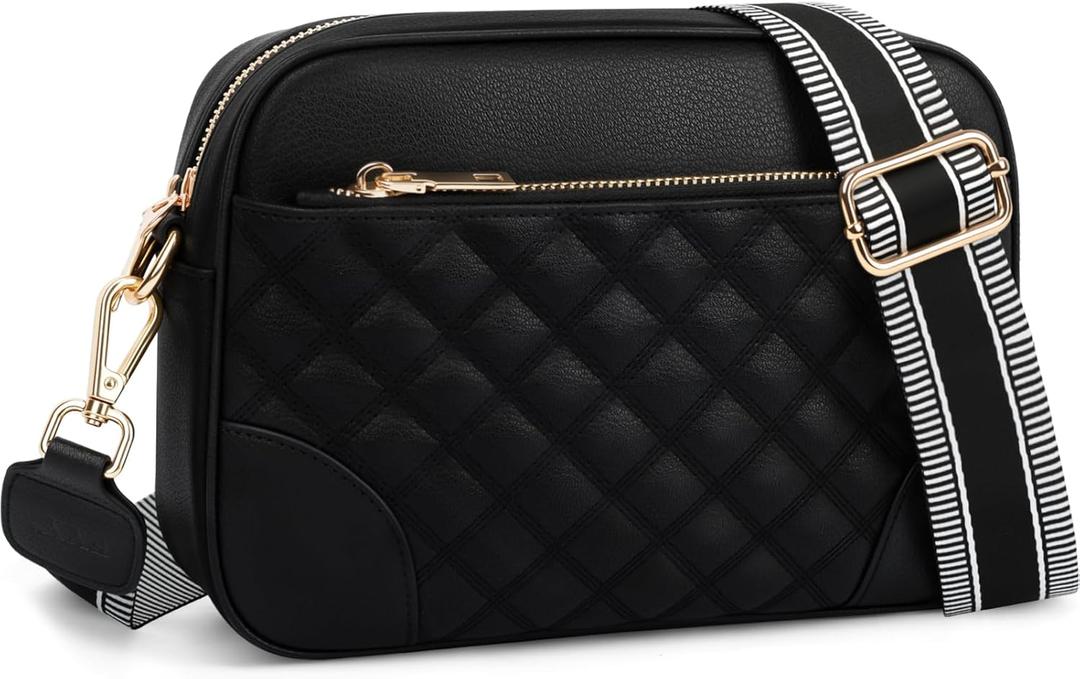FYY Small Crossbody Bags for Women Quilted Vegan Leather Crossbody Purses for Women Travel with Adjustable Shoulder Strap (Black)