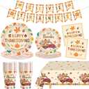 102 Pcs Thanksgiving Party Supplies Sets - Includes Happy Thanksgiving Dinner Paper Plates Napkins, Give Thanks Banner Dessert Plates Cups Tablecloth for Fall Thanks Giving Party Decorations, Serve 25