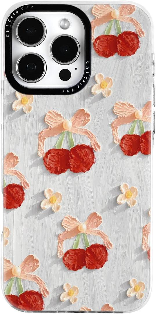 for iPhone 14 Plus Case, Cute Cherry & Floral Pattern with Vintage Bows, Military-Grade Drop Protection, Cute Soft Slim TPU Protective Cover with Camera Protection for Women & Girls