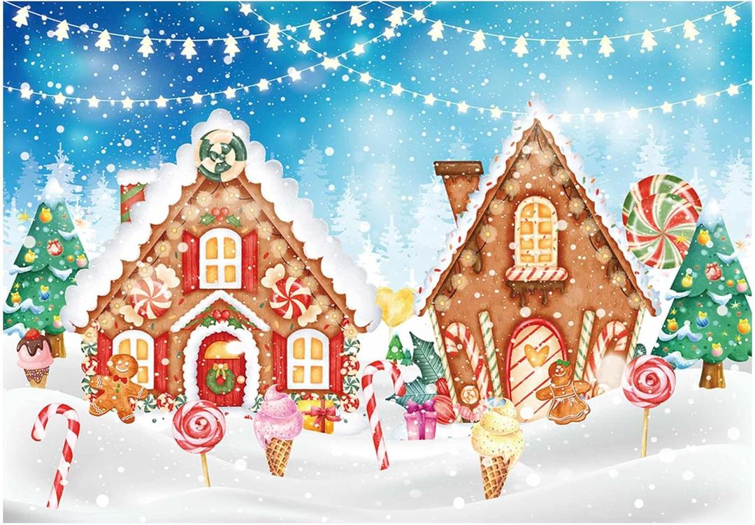 Allenjoy 7x5ft Christmas Gingerbread House Backdrop Glitter Cookie Exchange Candyland Winter Snowflake Photography Background for Kids Newborn Baby Shower Birthday Party Decor Banner Photo Booth Props