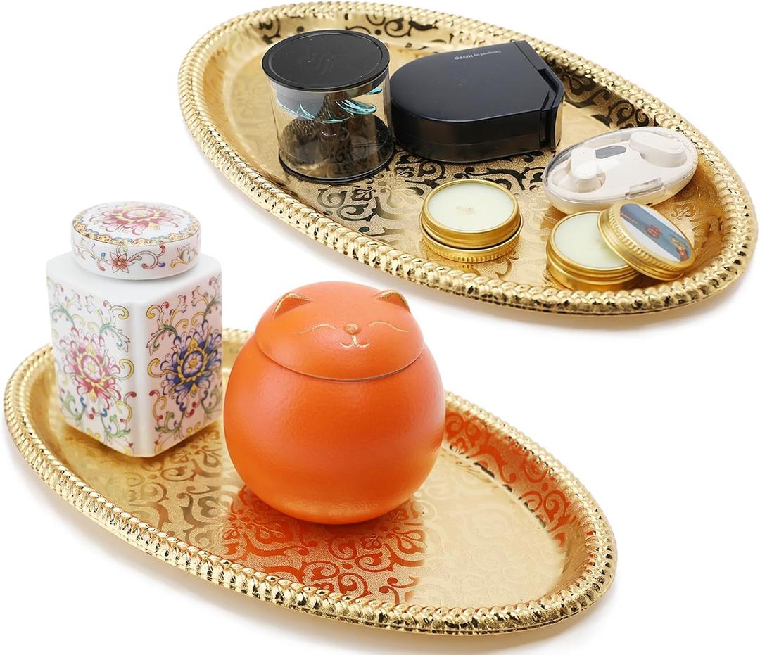 Fermus Set of 2 Oval Metal Tray 11 inches Long Jewelry Dish Cosmetics Organizer Decorative Serving Platter Small Storage Tray Centerpiece for Coffee Table Living Room Kitchen Counter, (2 Pack)