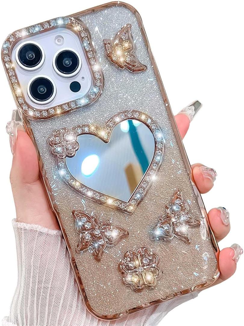 KERZZIL Trendy Girly Heart Mirror Compatible with iPhone 16 Pro Max Case, Elegant Cute Slim Women Bling Glitter Diamond Rhinestones Plating Butterfly Phone Cases, (Gold, 16 Pro Max)