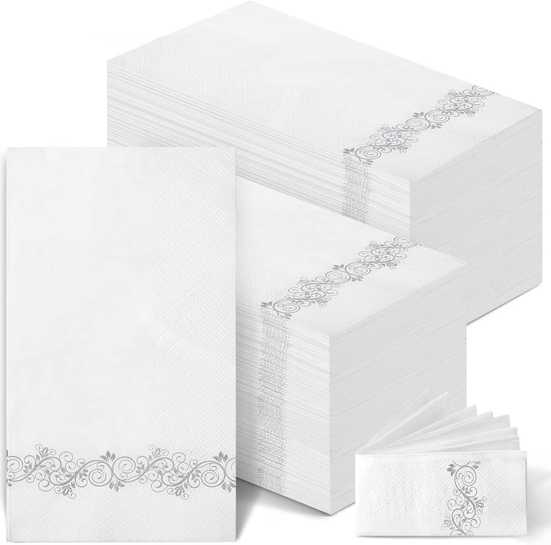 Yinder 200 Pack Disposable Hand Towels Bathroom Napkins Decorative Guest Towels Soft and Absorbent Linen Feel Paper Towel for Christmas Parties Weddings Dinners or Events(Silver)