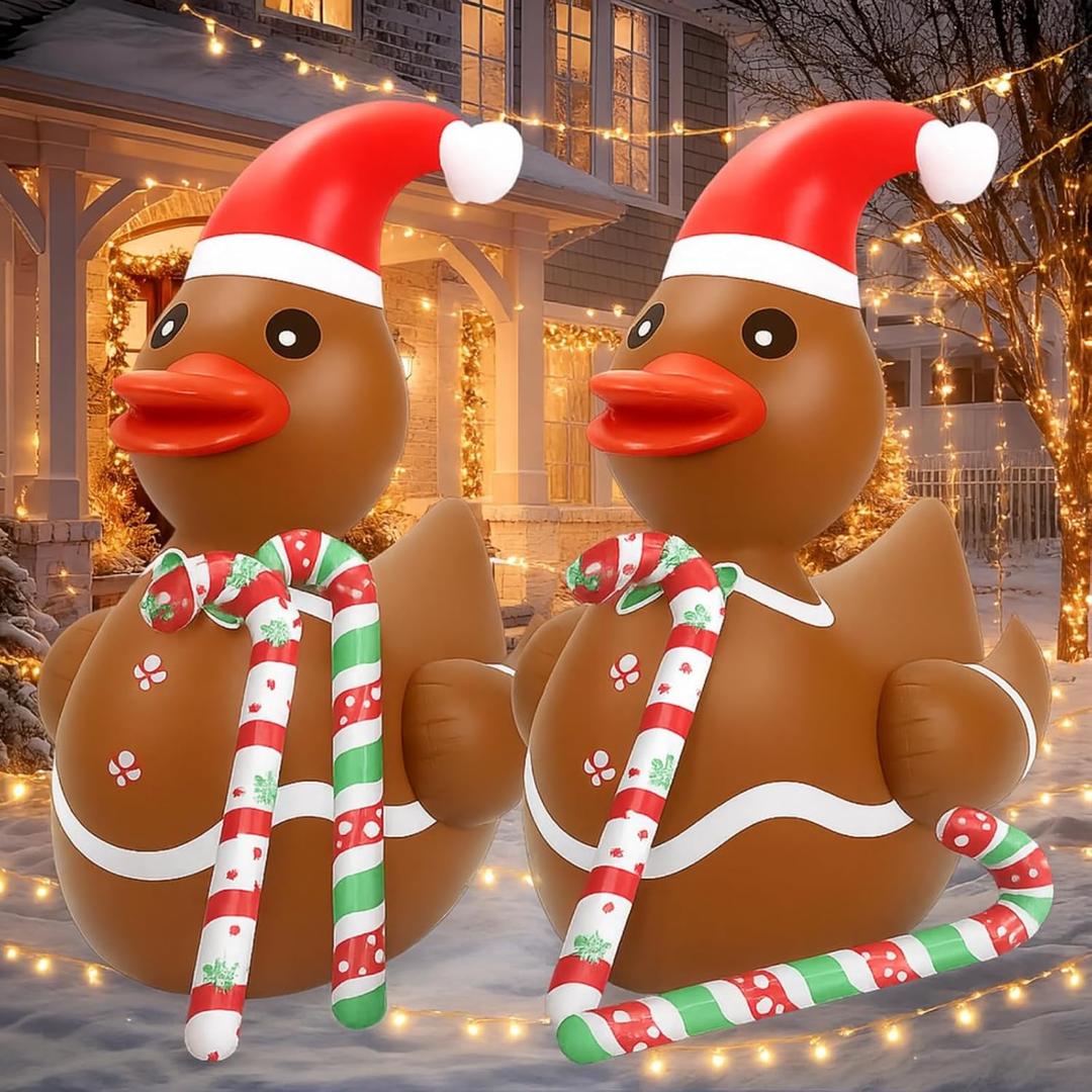 Lenwen 4ft Christmas Inflatable Duck Outdoor Decoration, Blow up Rubber Duck with Giant Candy Cane Inflatable Pool Float Golf Cart Decor for Xmas Holiday Yard Lawn Party Favor