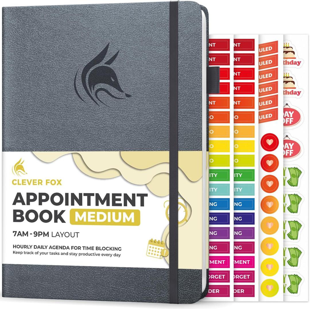 Clever Fox Appointment Book  Hourly Schedule Planner with Time Slots  Time Box Planner for Daily Work & To-Dos  Weekly & Monthly Spreads, Undated, Hardcover, A5 Size (Silver Black)