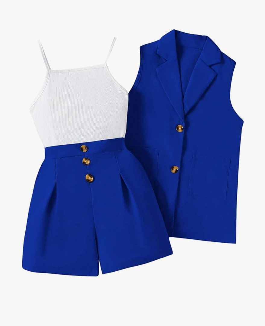 Girl's 3 Piece Outfits Suit Set Button Sleeveless Blazer Vest and Ribbed Cami Top with Pleated Shorts 10y