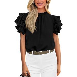 KIRUNDO Womens Blouse 2025 Spring Summer Dressy Casual Ruffle Short Sleeve Frill Mock Neck Work Shirt Tops Fashion Clothing(Black, Medium)