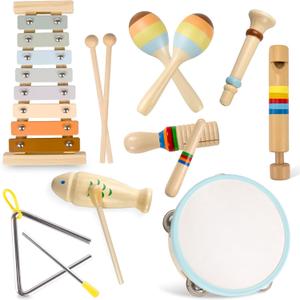 Baby Musical Instruments-Montessori Wooden Toys for Toddlers 1-3 Neutral Colors Percussion Instruments Set with Modern Boho Xylophone for Kids Preschool Educational,Includes Storage Bag