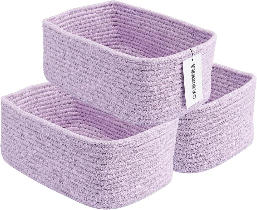 XUANGUO Small Woven Storage Baskets 12X8X5 Decorative Rope Bins for Organizing Shelves, Closets, and Toys, Empty Gift Baskets, Cute Organizer Basket for Home and Office (Purple, Regular)