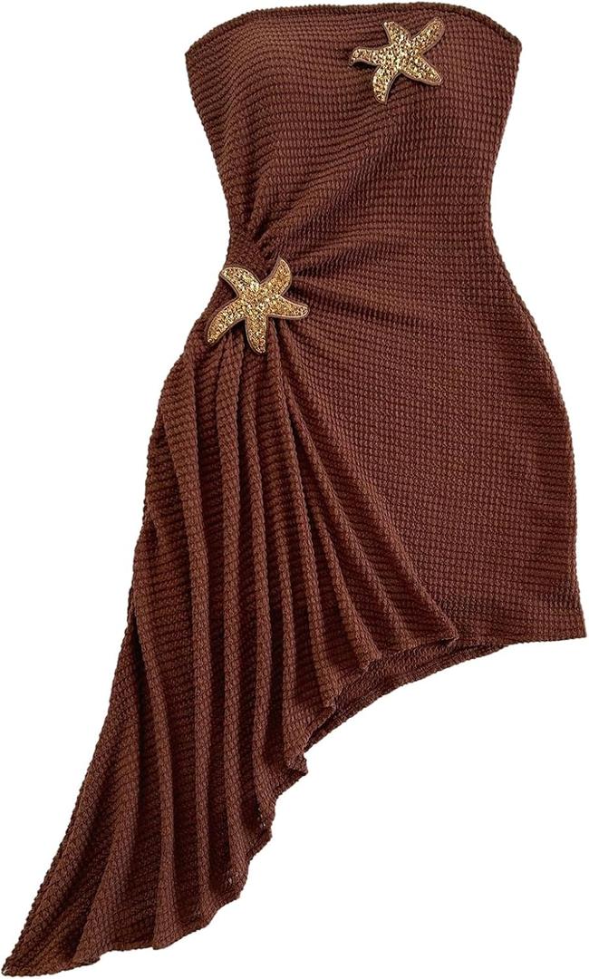 SOLY HUX Women's Strapless Tube Mini Dress Ruched Sleeveless Asymmetrical Hem Vacation Summer Dresses (Medium, Plain Coffee Brown) SOLY HUX Women's Strapless Tube Mini Dress Ruched Sleeveless Asymmetrical Hem Vacation Summer Dresses (Medium, Plain Coffee Brown)