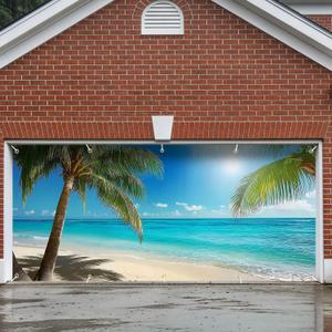 7x16 FT Tropical Beach Garage Door Banner - Palm Tree & Ocean Art, Large Indoor Outdoor Cover,Summer Vacation Decor for Home,Yard, Pool Party