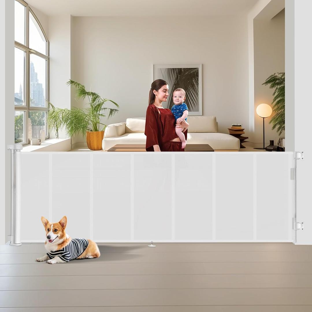 150 inch Retractable Baby Gates 42 inch Tall, Retractable Gate with Reinforced Strip Design to Prevent Crawling Through, 12 FT Extra Wide Retractable Dog Gate for Indoor/Outdoor (White)