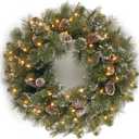 National Tree Company Pre-Lit Artificial Christmas Wreath, Green, Glittery Pine, White Lights, Decorated with Pine Cones, Frosted Branches, Christmas Collection, 24 Inches