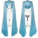47 Inch Blue Wig with Bangs for Women with Two Ponytails + Wig Cap Long Straight Blue Wig Synthetic Cosplay Wig for Anime Halloween Party