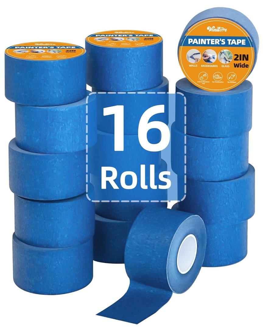 VANITURE Painters Tape 2 Inch Wide, 16 Rolls Blue Painters Tape Bulk, 2 Inches x 55 Yards Masking Tape for Wall Painting & Protects Surfaces | Easy Removal, Sharp Lines, Indoor/Outdoor Use