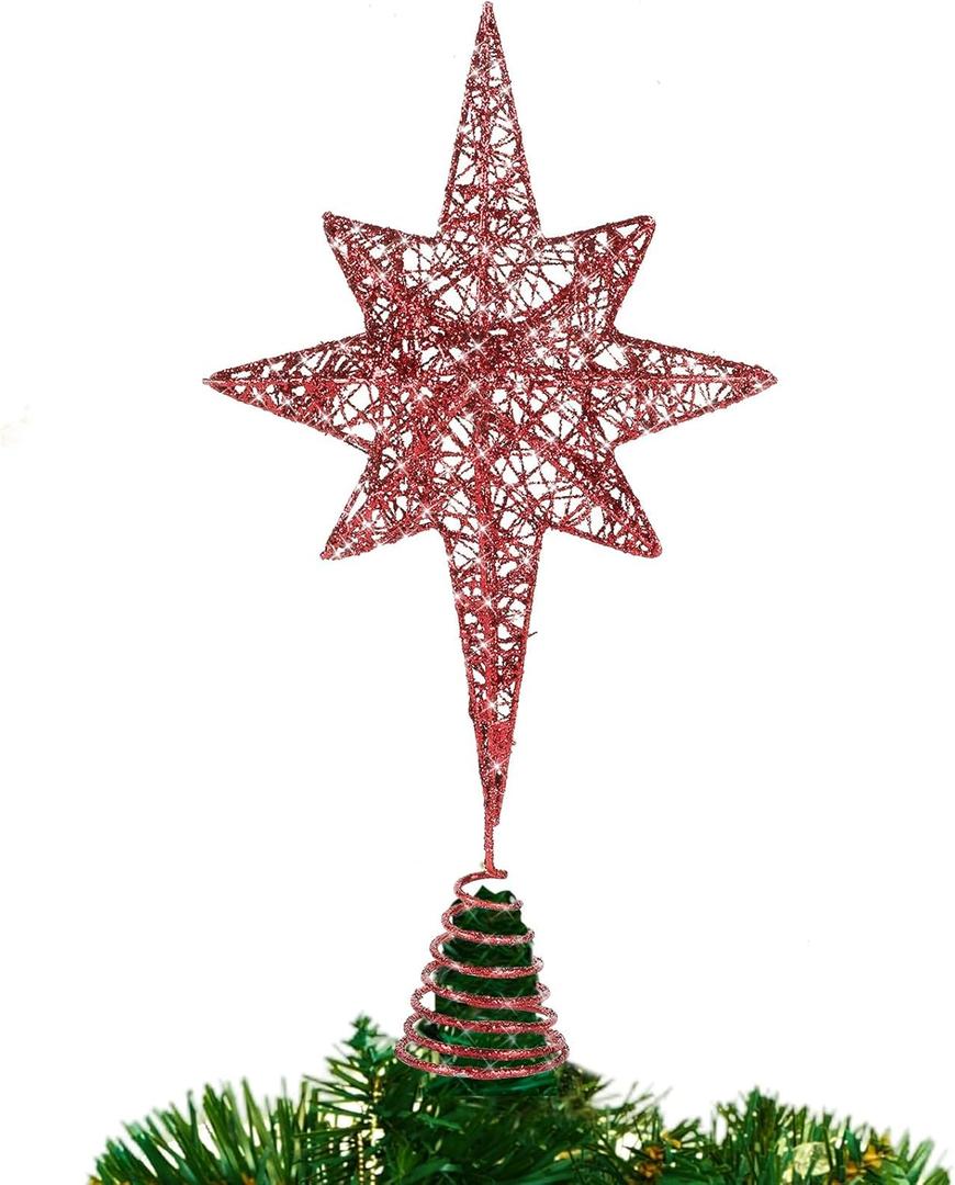14.5 Inch Christmas Star Tree Topper Glitter Red Star Tree Topper 8 Point Star Treetop Ornament Metal Hollow Designed for Home Holiday Xmas Tree Decorations