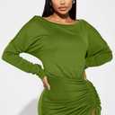 GOKATOSAU Women's One Off Shoulder Long Sleeve Split Adjustable Drawstring Ruched Midi Dress Green (Green, XL)